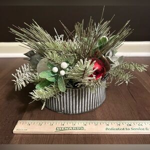 Christmas Holiday Round Tin Artificial Pine & Bulbs Table Decor Centerpiece
